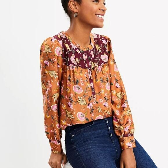 Floral Print Henley Top with Roll Sleeves main image 1